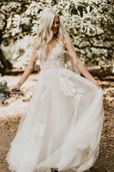 A-Line V-Neck See-Through Tulle Boho Wedding Dress